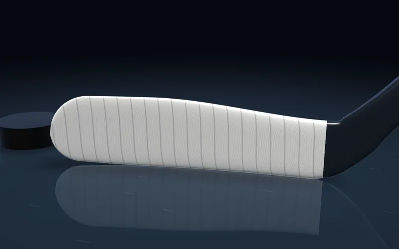 A defender's stick with full, heavily overlapped white tape, waxed, rendered in 3D.